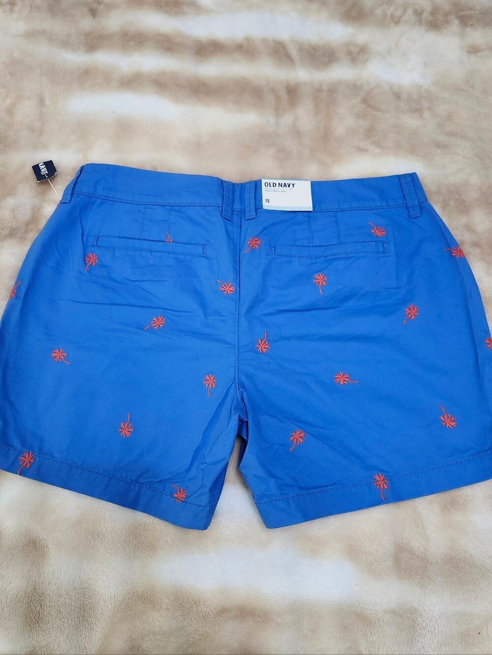 NWT Old Navy Blue Cotton Shorts With Embroidered Orange Palm Trees - Picture 2 of 6
